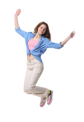 Portrait of teenage girl jumping on white background