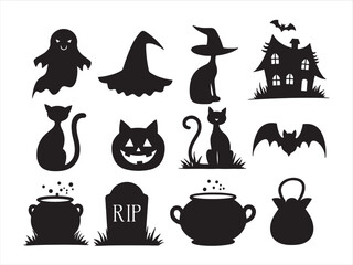 Set of black Halloween silhouettes including ghost, witch hat, black cats, haunted house, jack-o'-lantern, bat, cauldrons, tombstone, and potion bag.