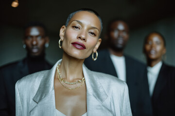Businesswoman leading diverse team in corporate setting
