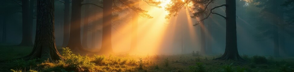 Sunbeams pierce misty forest, creating vibrant light show, ambiance, mystical