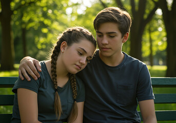 Fototapeta premium A young man comforts a young woman, both seated on a bench in a park.
