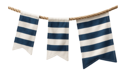 Striped cotton flags strung on a jute rope, adding a nautical touch to a beach house deck.