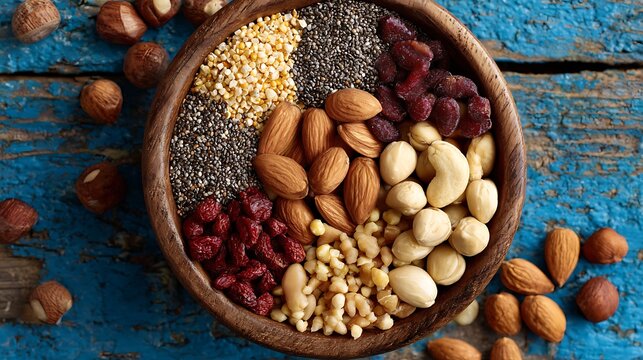 A wooden bowl filled with a nutritious mix of nuts, seeds, and dried cranberries offering a healthy snack option.