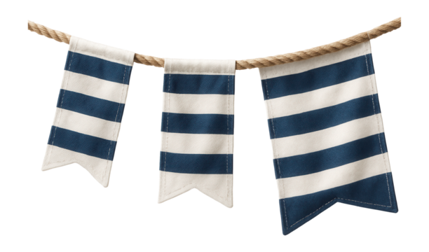 Striped cotton flags strung on a jute rope, adding a nautical touch to a beach house deck.