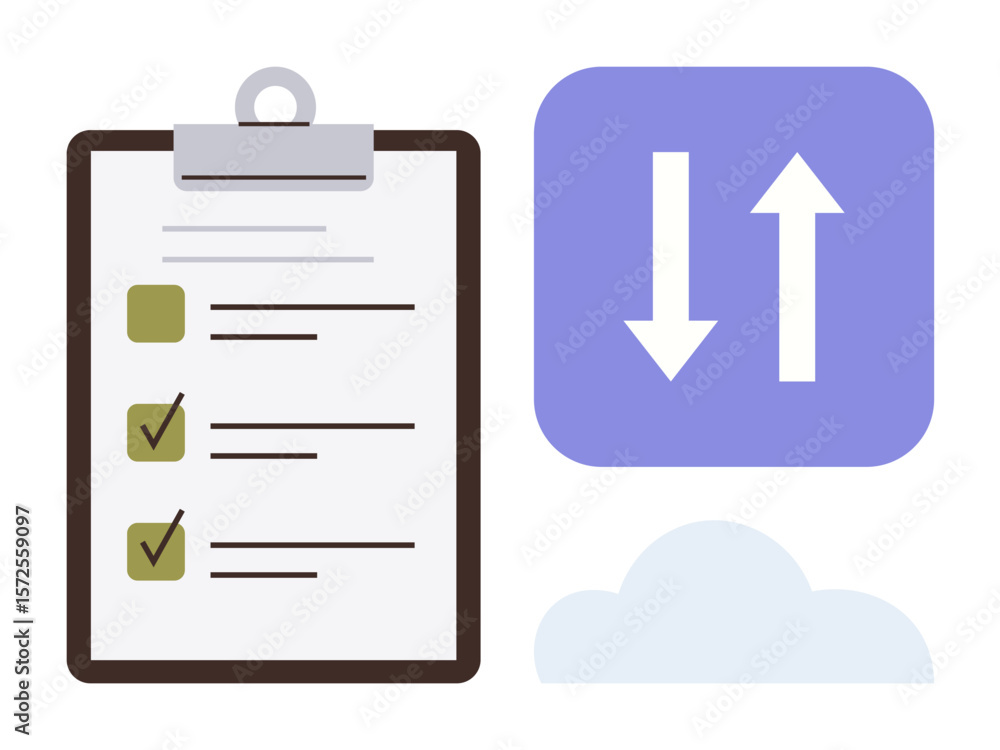 Poster clipboard with task checklist, purple icon with arrows, and cloud. ideal for productivity, workflow,