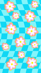Bright seamless pattern with stylized white and pink flowers over a wavy blue checkerboard, perfect for playful summer design.