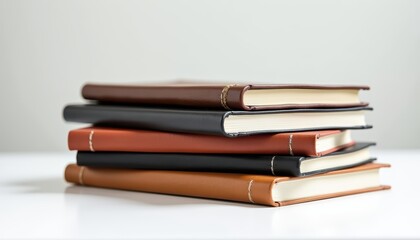 Stack of Elegant Leatherbound Notebooks on a Minimalist White Surface for Stylish Organization