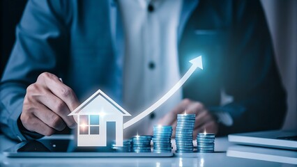 Achieving property appreciation and monetary investment growth symbolized by an upward arrow and stacked coins, financial planning