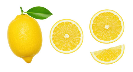 Fototapeta premium Vibrant yellow lemons, including whole, slices, and a wedge with a green leaf, meticulously arranged horizontally on a clean white background with ample copy space, for a concept of healthy eating