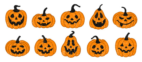 Halloween crayon drawn pumpkins set with funny spooky faces for holiday season trick or treat collection. Vector illustration illustration for decoration, kids, poster, sticker, icon