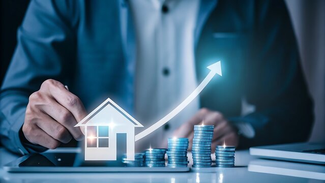 Achieving property appreciation and monetary investment growth symbolized by an upward arrow and stacked coins, financial planning