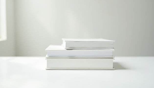Stacked white books on a minimalist desk with natural light highlighting the simple design - Powered by Adobe