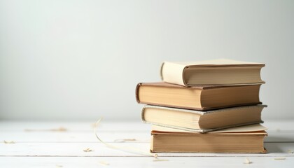 Fototapeta premium Stack of Vintage Books with Blank Covers on White Wooden Surface in Soft Natural Light