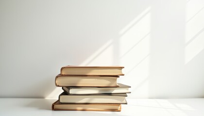 Stack of Vintage Books on a Minimalist Wooden Table with Soft Natural Light and Shadows