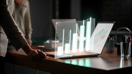Analyzing Business Growth: Visual Data on Laptop Screen Showing Positive Financial Trends in Workplace Environment.