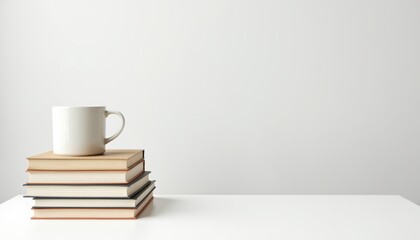 Fototapeta premium Minimalist Design with Coffee Cup and Stack of Books on Clean White Surface