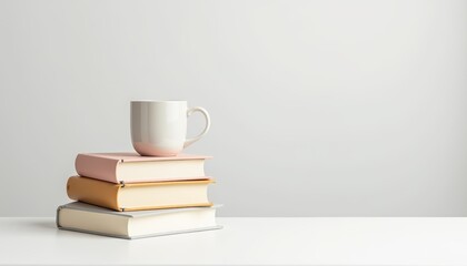 Fototapeta premium Stack of Colorful Books with White Cup on Top Against Minimalist Background