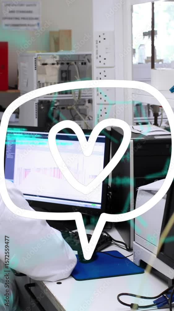 Poster animation of speech bubble icon and data processing over caucasian male scientist in lab