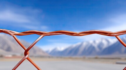 Rusty Mesh Wire Fence with Bent Strands Against Snowy Mountain Background