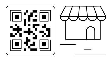 QR code and small shop icon emphasize digital tools, retail integration, and customer engagement. Ideal for e-commerce, digital marketing, payment systems, retail, promotion, commerce simple landing