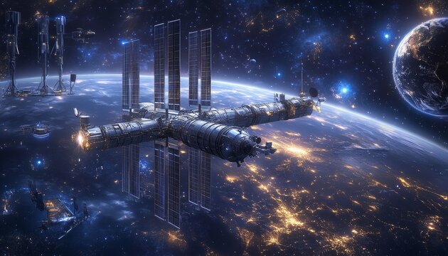 Futuristic Space Exploration Imagining Satellite and Spacecraft Missions Near Earth in 2300