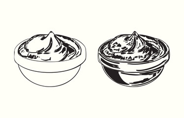 Vintage black and white illustration of mustard in a bowl set