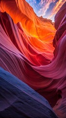 Fototapeta premium Dramatic Antelope Canyon Sunset: Vibrant Red, Purple, and Blue Sandstone Formations, Low Angle View, Natural Light, Textured Walls, Southwestern USA Landscape.