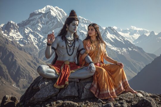Lord Shiva with Parvati on Snowy Mountain Top &ndash; Spiritual Connection in Indian Mythological Scene

