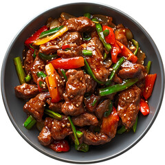 Close up of beef stir fry with peppers and sesame seeds in gray bowl