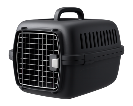 Ventilated plastic carrier with a front metal door, ideal for safely transporting pets during car trips for an apartment.