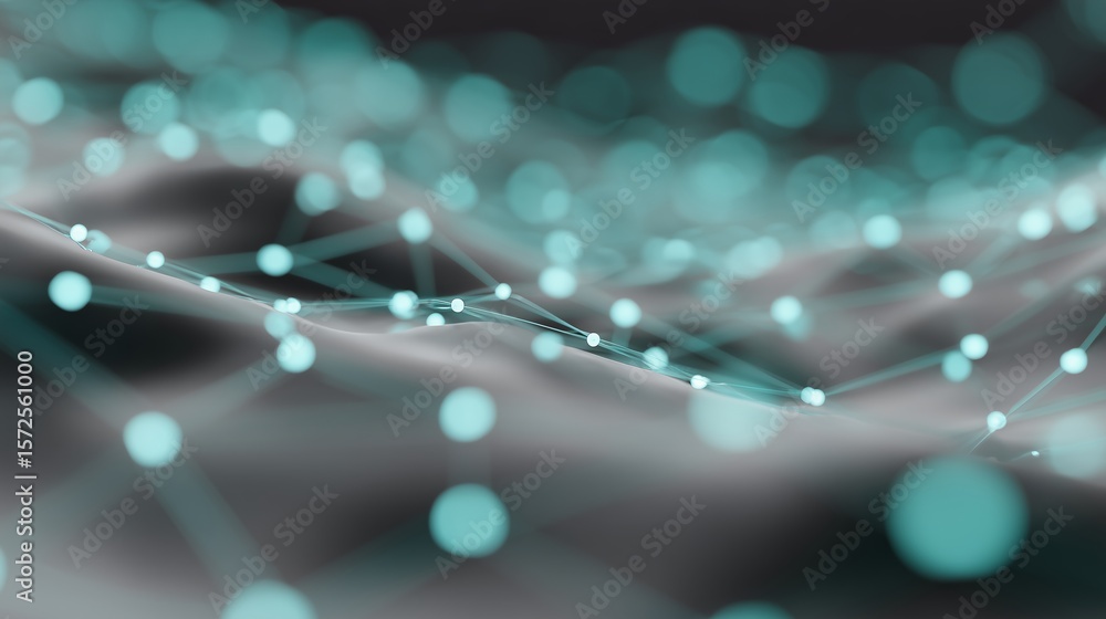 Poster digital representation of interconnected nodes on a flowing surface illustrating data patterns and t