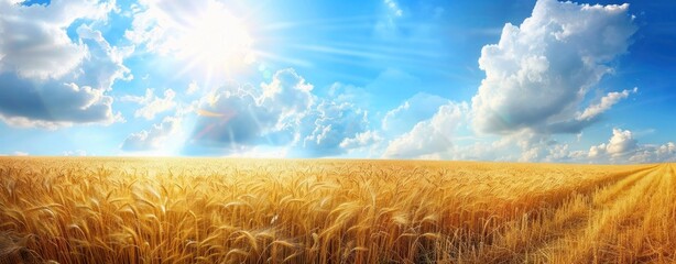 Vast golden wheat field stretching towards the horizon under a sunny sky
