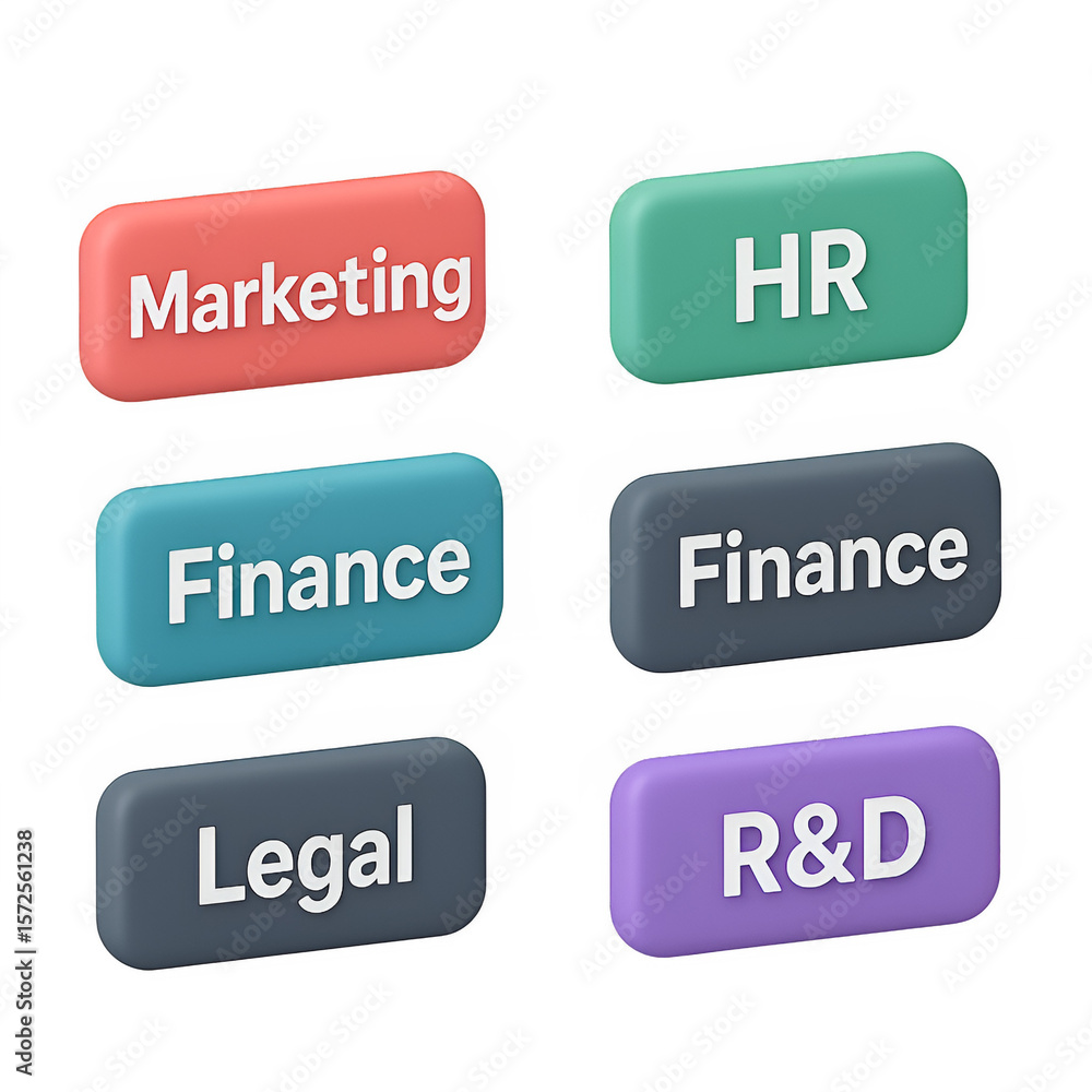 Poster 3d isometric ui ux design element set marketing, finance, hr, legal, r&d buttons with transparent ba