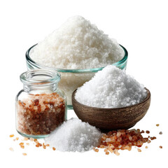 Sugar in wooden bowl and glass jar isolated on transparent background.