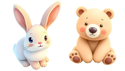 Cute cartoon rabbit and teddy bear sitting on white background.