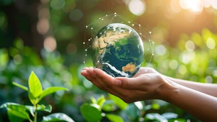 Hands holding earth globe with network connections symbolizing green technology and environmental awareness - Powered by Adobe