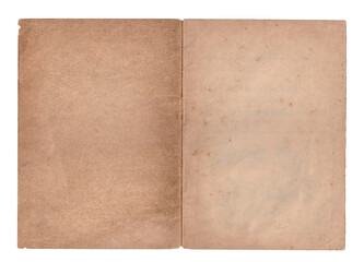 Weathered open book with blank yellowed pages showing natural aging, stains, and worn edges. Perfect for vintage designs, historical themes, and nostalgic storytelling projects.