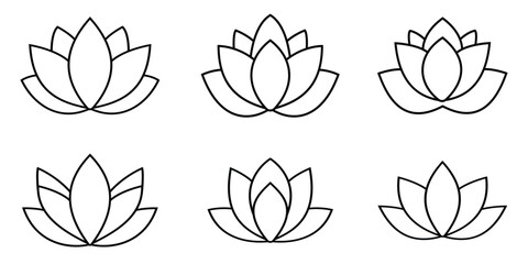 Lotus icon set. Flower Symbol. Vector illustration of lotus flower outline icons, Lotus flower silhouette logo. ideal for themes of wellness, meditation, nature, sign yoga and spirituality.