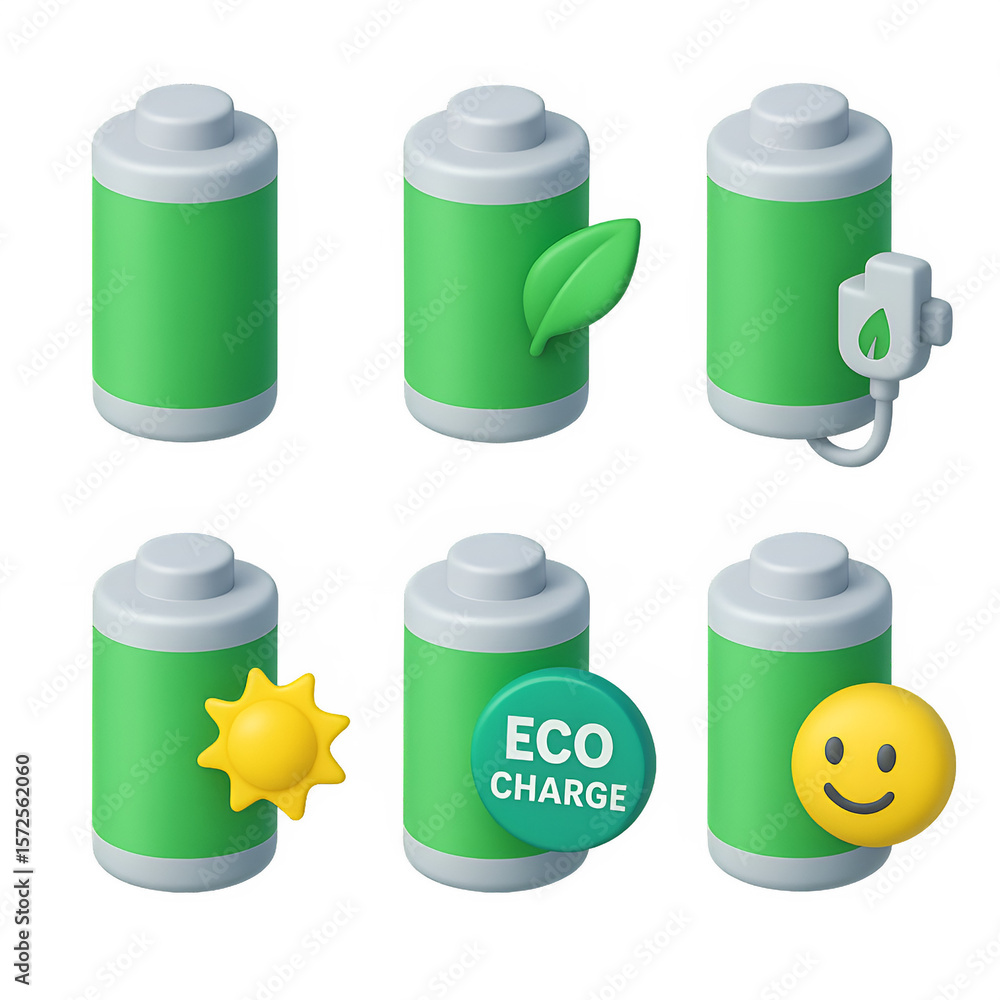 Poster eco-friendly battery icons a 3d isometric ui ux set with transparent background for design projects