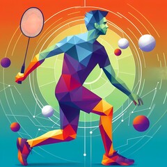 Wallpaper of a man in geometric shapes playing badminton.