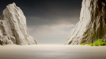 Sandy Channel Dividing Two Rocky Promontories Under a Cloudy Sky