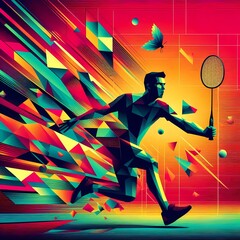 Wallpaper of a man in geometric shapes playing badminton.