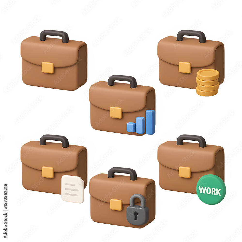 Poster 3d isometric ui ux set of brown briefcases transparent background icons for business and finance app