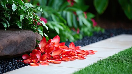 Scattered Bright Red Heliconia Petals on Garden Path