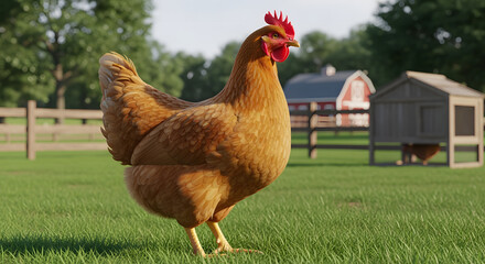 Fototapeta premium A brown chicken stands prominently in a green grassy field