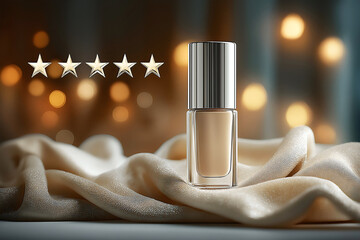 Luxury beige foundation bottle mockup, silver cap on white silk fabric with five star rating, golden bokeh lights background for premium cosmetic product advertising.