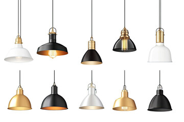 Nine hanging lamps in various metallic finishes