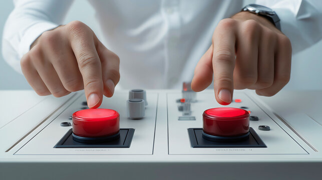 Professional hands positioned above two red emergency stop buttons on modern white control panel in laboratory or industrial facility setting.