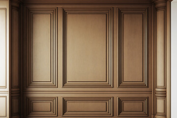 Wood paneled wall, raised panel wainscoting, detailed molding in warm brown tones, luxury interior photography backdrop.