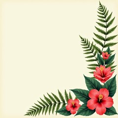 Watercolor illustration of red hibiscus flowers and green fern leaves on light beige background. Copy space. Summer branding, packaging, invitations, or wellness design.